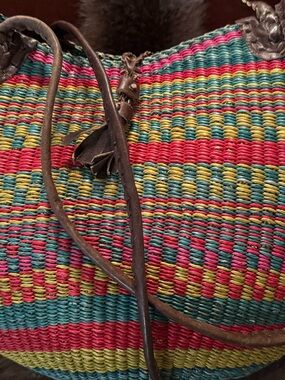 Woven Multicolor Straw Tote Bag with Leather Trim